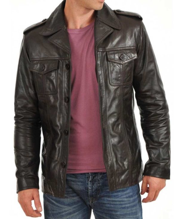 Men's Shirt Collar Button Closure Dark Brown Leather Jacket